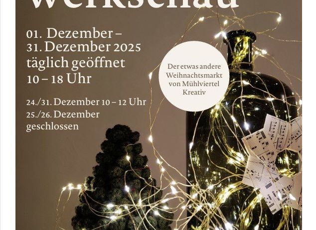 Plakat für einen Winterworkshop, zeigt eine Flasche und einen Weihnachtsbaum mit Lichtern, geöffnet vom 1. bis 31. Dezember 2025, mit zusätzlichen Schließungen am 25. und 26. Dezember.