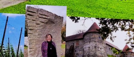 Eine Collage mit einer Frau neben einem großen Stein, einem Feldweg und einer Burg. Der Text lautet 'Granitpilgern im Oberen Mühlviertel'.
