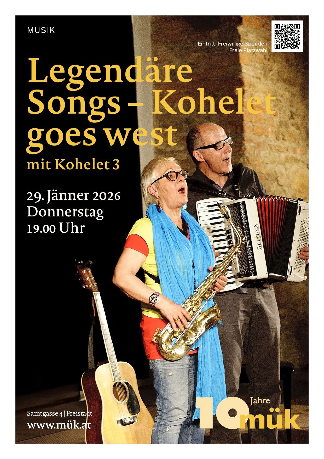 Ein Plakat für 'Legendare Songs-Kohelet goes west' mit Kohelet 3. Es zeigt zwei Musiker: eine Frau mit Saxophon und einen Mann mit Akkordeon. Das Event ist für den 29. Januar 2026, Donnerstag um 19:00 Uhr geplant.