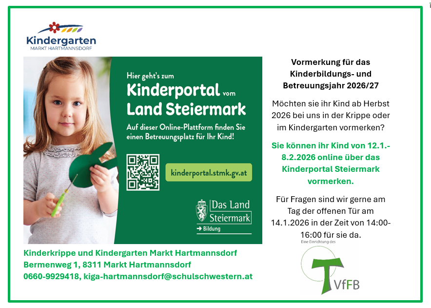 Plakat für Kindergarten Hartmannsdorf, das Eltern einlädt, einen Platz für ihr Kind im Bildungsjahr 2026/27 zu reservieren. Zeigt ein Mädchen mit einem Blatt, einen QR-Code und Kontaktdaten.