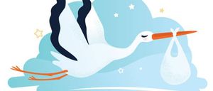 Eine Illustration eines Storchs, der ein Baby in einer Tasche trägt und durch einen Sternenhimmel fliegt.