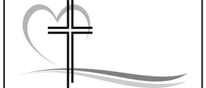 Ein schwarzes christliches Kreuz befindet sich in einem Herz. Das Kreuz ist auf einer Wellenlinie platziert. Das Bild ist schwarz umrandet.