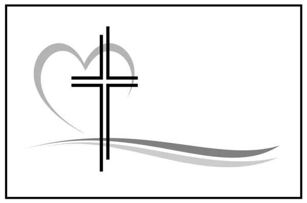 Ein schwarzes christliches Kreuz befindet sich in einem Herz. Das Kreuz ist auf einer Wellenlinie platziert. Das Bild ist schwarz umrandet.