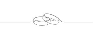 Eine durchgehende Einlinienzeichnung von zwei Eheringen auf weißem Hintergrund. Die Ringe sind miteinander verflochten und symbolisieren Einheit.