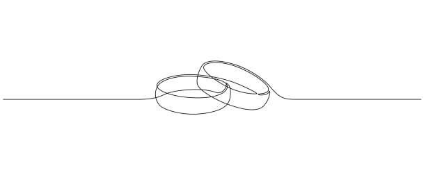 Eine durchgehende Einlinienzeichnung von zwei Eheringen auf weißem Hintergrund. Die Ringe sind miteinander verflochten und symbolisieren Einheit.