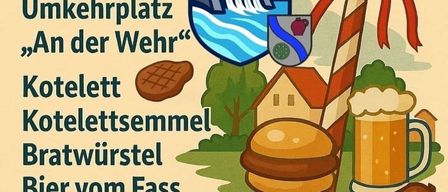 Ein Plakat bewirbt das 'umschnitt'-Festival am 27. Juli um 10:30 Uhr am Kreisverkehr 'An der Wehr'. Es zeigt ein Menü mit Würstchen, Bratwurst, Bier und Gemüseplatten. Eine Illustration von einem Haus, Bäumen und einem Fahnenmast ist ebenfalls vorhanden.