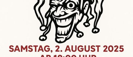 Plakat für Jugendfest in Jabing, Österreich. Zeigt eine Narrenillustration, Datum vom 2. August 2025 und Aktivitäten wie Live-Musik, Essen und ein Disco-Zelt.
