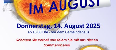 Ein Plakat für eine traditionelle Sommerabendveranstaltung im August. Es zeigt eine Sonnenillustration und den Veranstaltungsnamen 'Dämmerschoppen'. Das Datum und die Uhrzeit sind als Donnerstag, 14. August 2025, ab 18:00 Uhr angegeben. Die Veranstaltung verspricht einen unterhaltsamen Abend für alle.