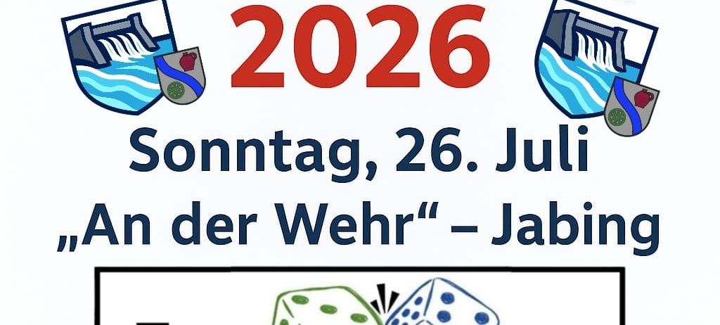 Plakat für Jabinger Annakirtag 2026. Es zeigt ein Datum, 26. Juli 2026, mit Illustrationen eines Damms und Würfeln. Der Text ist auf Deutsch.