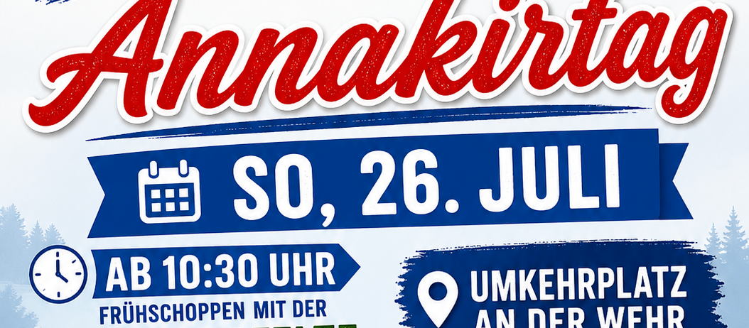 Eine Anzeige für das 2. Wehr-Jubiläum am 26. Juli, Beginn um 10:30 Uhr in Wehr-Jabing. Aktivitäten umfassen einen Streichelzoo, Schießübungen, Bier, Grill, Kaffee und Kuchen.