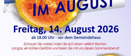 Poster for the Traditional Dämmerschoppen event in August, featuring a sun and various icons for food, drinks, and activities. The event is scheduled for Friday, August 14, 2026, starting at 6:00 PM.