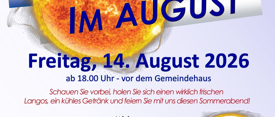 Poster for the Traditional Dämmerschoppen event in August, featuring a sun and various icons for food, drinks, and activities. The event is scheduled for Friday, August 14, 2026, starting at 6:00 PM.