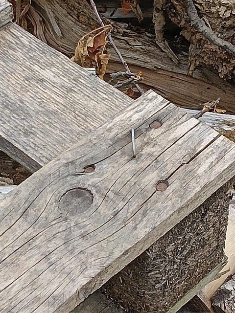 Ein Nahaufnahme von verwittertem Holz mit sichtbaren Nagellöchern und einem verrosteten Nagel. Das Holz hat eine raue Textur und zeigt Altersspuren.