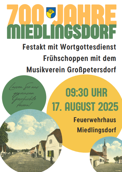 Plakat zur 700-Jahr-Feier von Miedlingsdorff, zeigt Veranstaltungsdetails, einschließlich einer Kirche, einer Dorfstraße und einem historischen Foto.