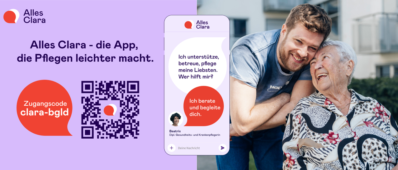 Screenshot of an app with a man and woman smiling. Text reads 'I support, care, and accompany you. Who helps me?' A profile picture and name are displayed. QR code and additional navigation options are present.