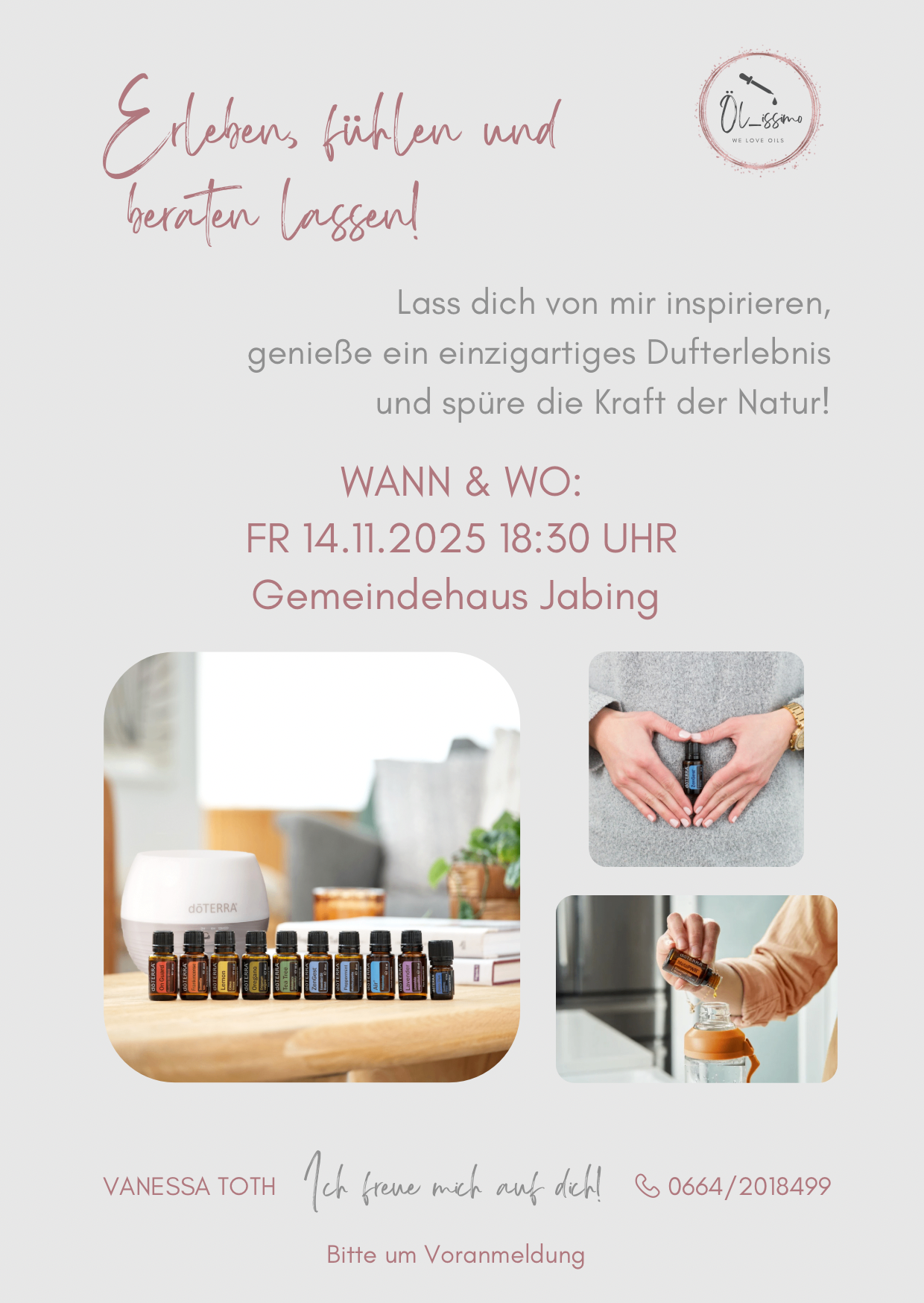Ein Event-Poster für doTERRA mit einem Diffusor, ätherischen Ölen und einer Hand, die eine Flasche hält. Datum: Fr 14.11.2025, Zeit: 18:30, Ort: Gemeindehaus Jabing.