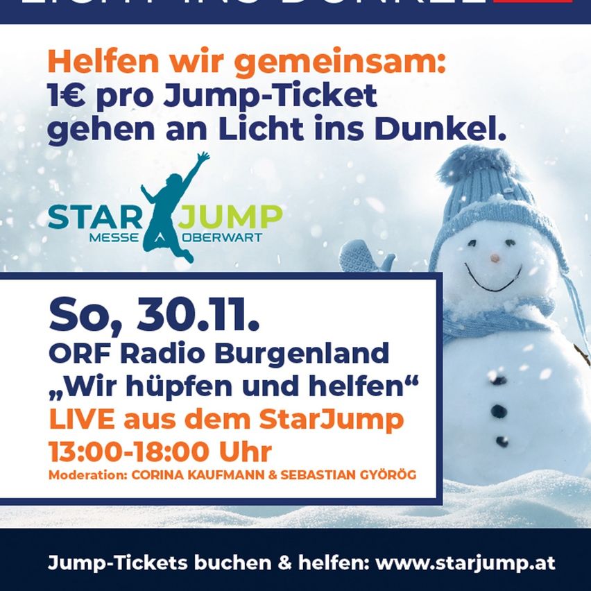 Werbeposter für die StarJump Oberwart Veranstaltung. Zeigt einen Schneemann, eine springende Silhouette und Text über Tickets und Live-Radio.