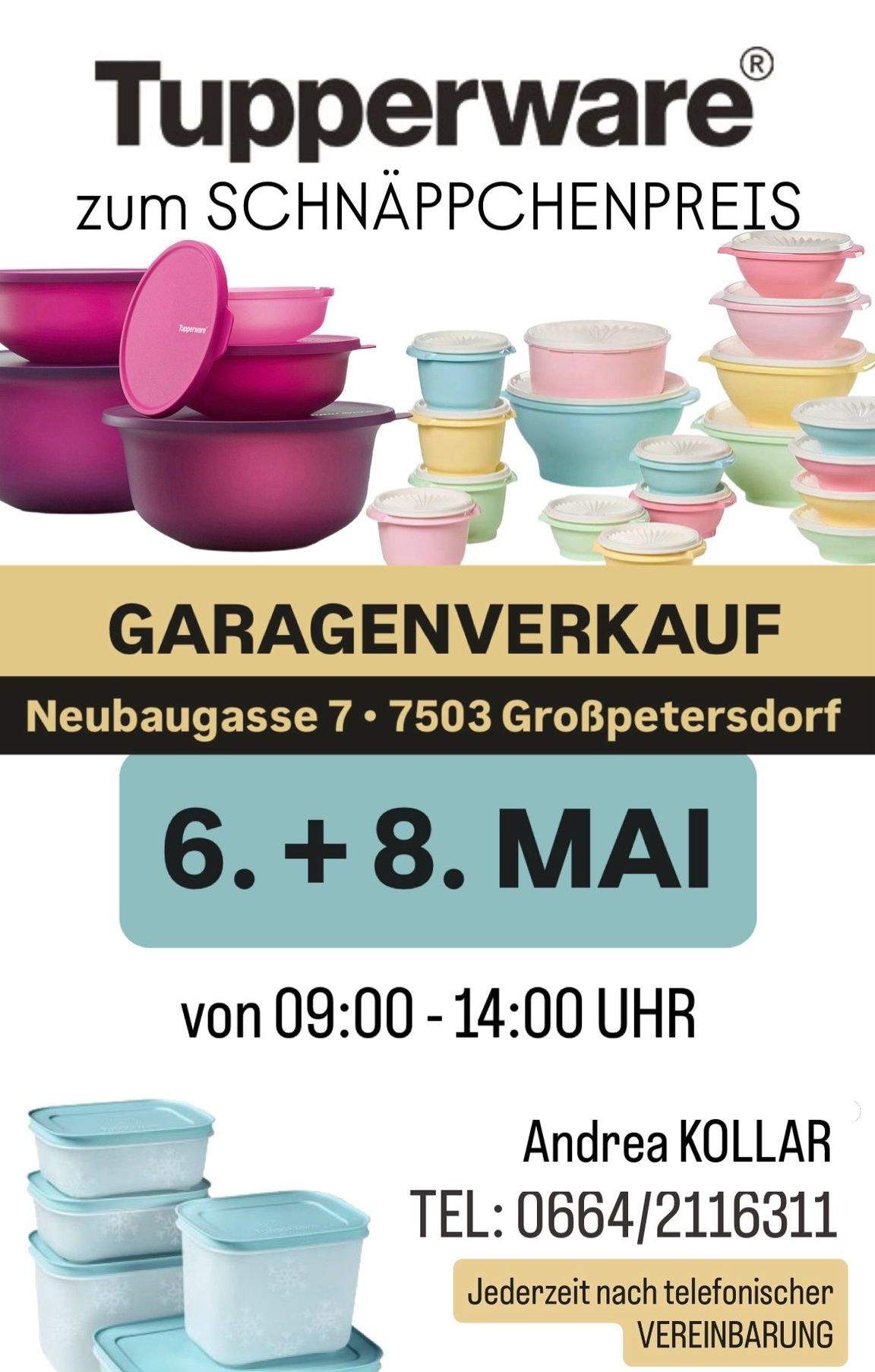 Advertisement for a garage sale with colorful Tupperware containers. Location: Neubaugasse 7, 7503 Grosspetersdorf. Dates: May 6th and 8th, from 9:00 AM to 2:00 PM.