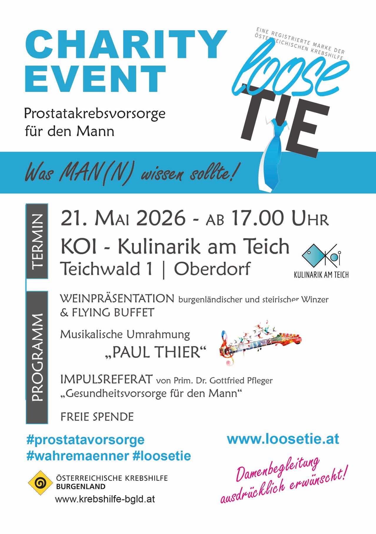 Prostate cancer prevention event for men. May 21, 2026, starting at 5 PM at Kulinarik am Teich. Wine presentation, flying buffet, and a musical performance by Paul Thier. Free admission.