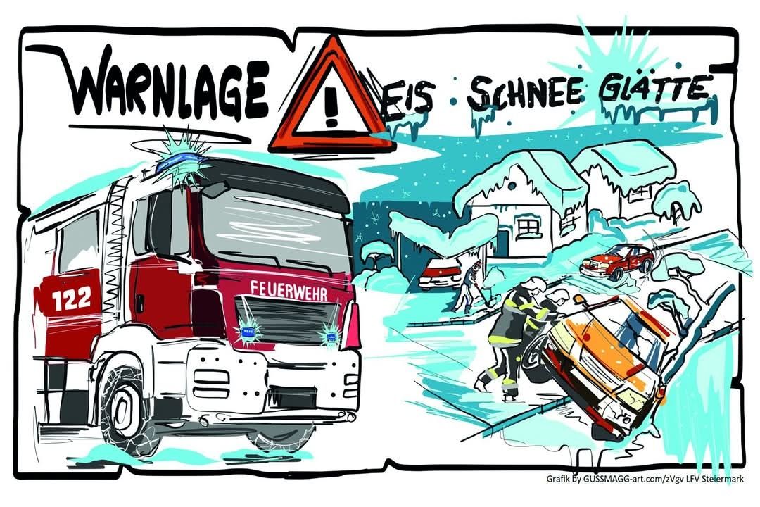 Ein Feuerwehrauto rutscht auf vereisten Boden. In der Nähe helfen Feuerwehrleute jemandem aus einem beschädigten Auto. Warnschilder für vereiste Straßen sind sichtbar.