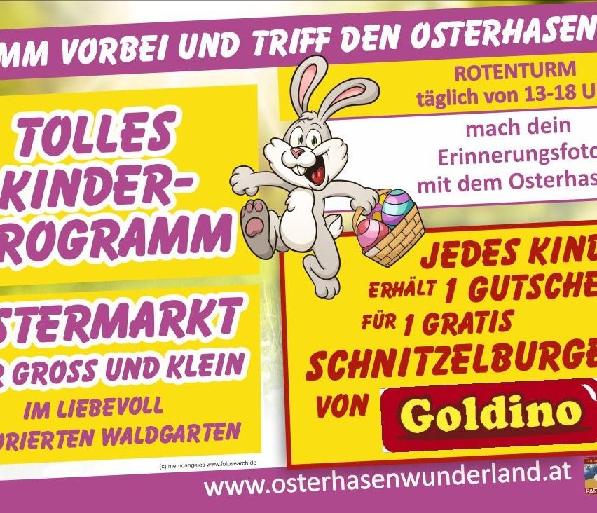 Poster advertising a farm event with an Easter bunny holding a basket of eggs. The event offers a free Schnitzel for every child. The farm has an Easter wonder program and is open daily.