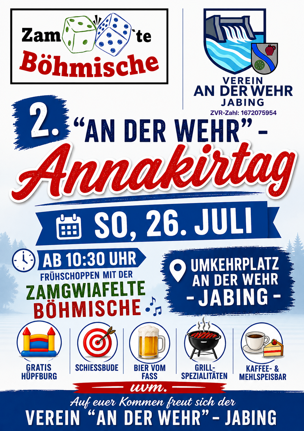 Plakat für den 2. jährlichen Annakirtag-Event in Wehr-Jabing, mit Aktivitäten wie Bogenschießen, Bierverkostung und Grillen, geplant für den 26. Juli ab 10:30 Uhr.