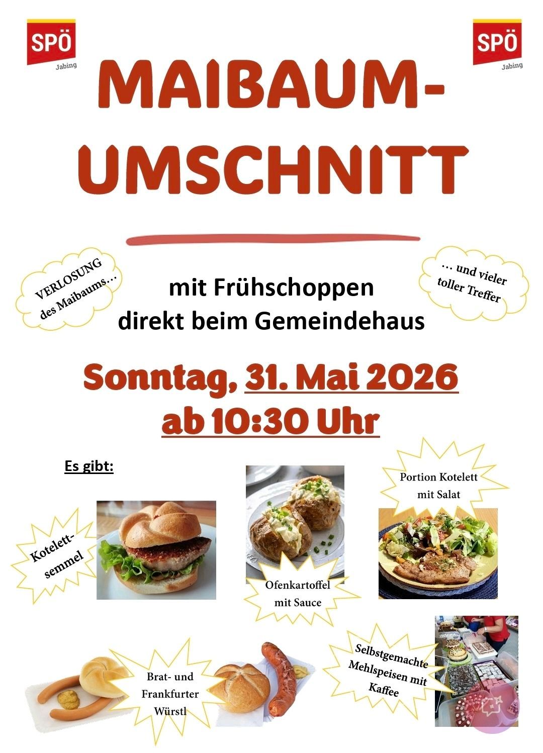 Ein Plakat für die Veranstaltung 'UMSCHNITT'. Es zeigt Essensangebote wie einen Burger, Kartoffeln und Salat. Der Termin ist Sonntag, 31. Mai 2026, Beginn um 10:30 Uhr.