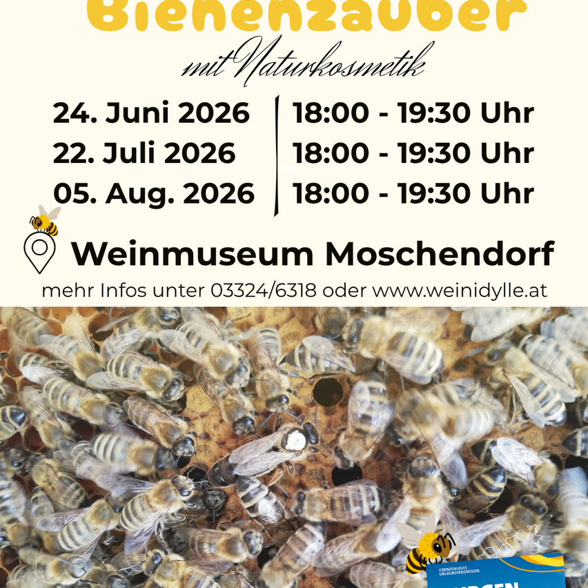 Bienenzauber-Event im Weinmuseum Moschendorf am 24. Juni, 22. Juli und 5. August 2026. Beginn 18:00, Ende 19:30. Kontakt 03324/6318 oder www.weinidylle.at.