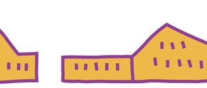 Zwei gelbe Gebäude mit lila Umrandung. Das linke hat ein dreieckiges Dach, das rechte ein trapezförmiges Dach, beide mit mehreren Fenstern.