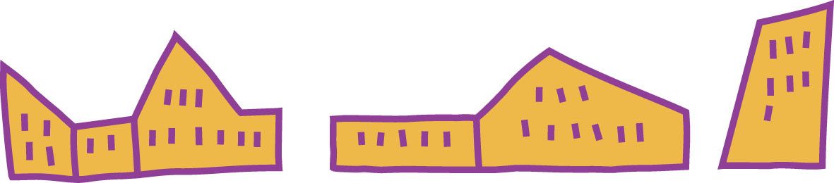 Zwei gelbe Gebäude mit lila Umrandung. Das linke hat ein dreieckiges Dach, das rechte ein trapezförmiges Dach, beide mit mehreren Fenstern.