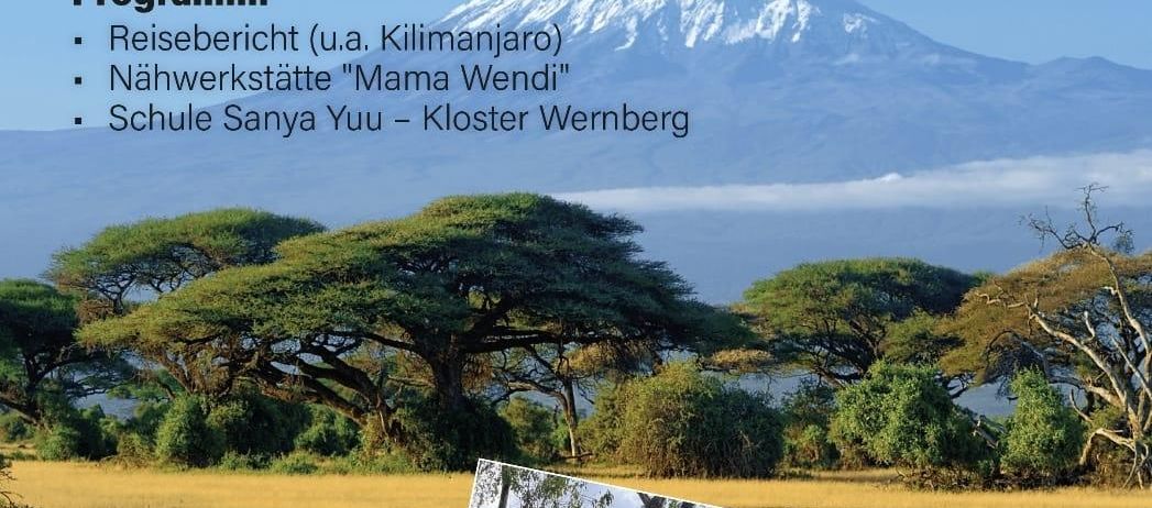 Plakat für eine Reiseveranstaltung am 25. Oktober 2025 um 17:30 Uhr. Es zeigt Bilder des Kilimandscharo, einer Schule und einer Gruppe von Menschen.