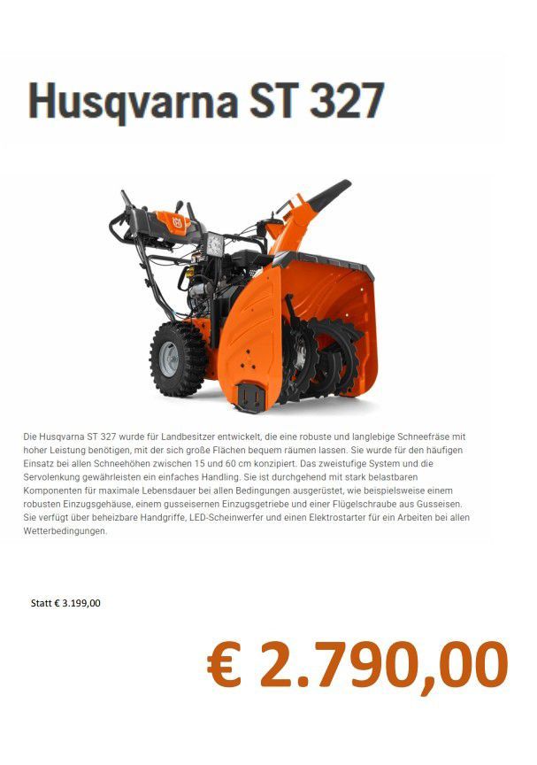 Die Husqvarna ST 327 wurde für Landbesitzer entwickelt, die eine robuste und langlebige Schneefräse mit höherer Leistung benötigen, mit der sie Schnee leicht bewältigen können. Der Zubehörsatz umfasst eine Schneefräse zwischen 15 und 60 cm Breite. Das hydraulische System und die Ölkühlung wurden für häufigen Gebrauch gewählt.