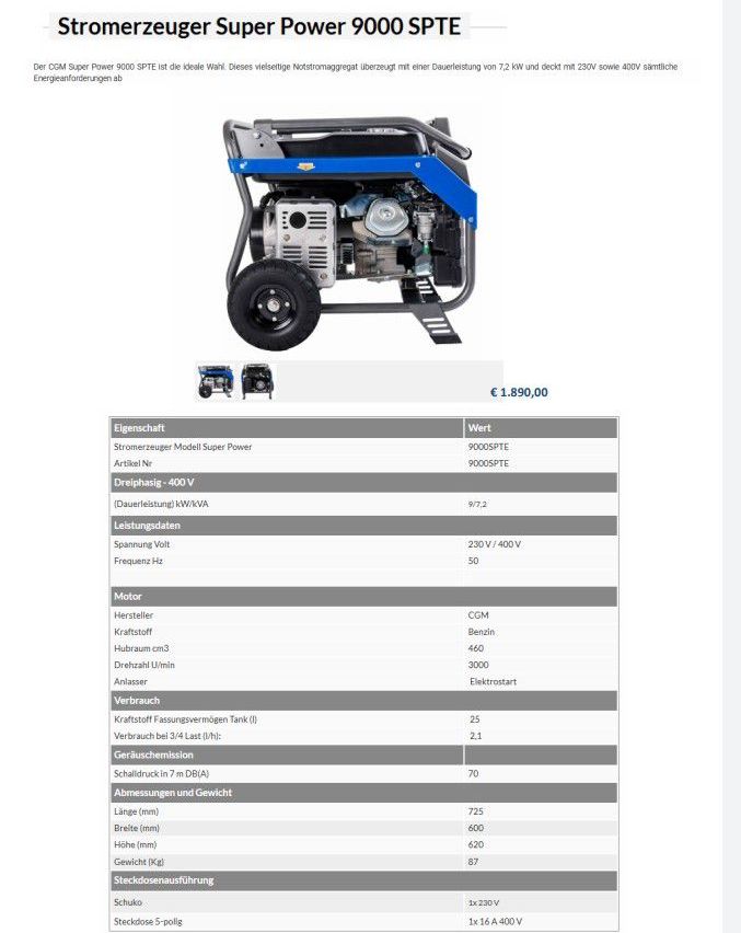 Das Bild zeigt ein Generatormodell Super Power mit Details wie Leistung, Kraftstoffart und Abmessungen. Der Generator hat eine Dauerleistung von 7,2 kW und eine Spitzenleistung von 9000W. Er läuft auf Benzin und hat ein Kraftstofftankvolumen von 25 Litern. Die Abmessungen sind 725 mm Länge, 600 mm Breite und 620 mm Höhe. Das Gewicht beträgt 87 kg.