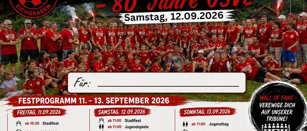 Poster for the 80th anniversary celebration of USVE, featuring a group photo of participants in red jerseys, with event details including dates, times, and activities such as a city festival, youth games, and a closing ceremony.