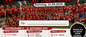 Poster for the 80th anniversary celebration of USVE, featuring a group photo of participants in red jerseys, with event details including dates, times, and activities such as a city festival, youth games, and a closing ceremony.