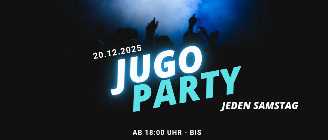 Partyplakat für Jugo Party am 20. Dezember 2025. Es zeigt blaue Raucheffekte, eine Menschenmenge in Silhouette und ein Datum. Die Veranstaltung findet jeden Samstag statt.