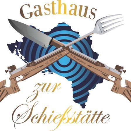 Ein Poster für Gasthaus zur Schiessstatte mit einer Karte einer Region, auf der ein gekreuztes Messer und eine Gabel abgebildet sind. Das Poster trägt auch die Aufschrift 'est. 2021 in RGL'.