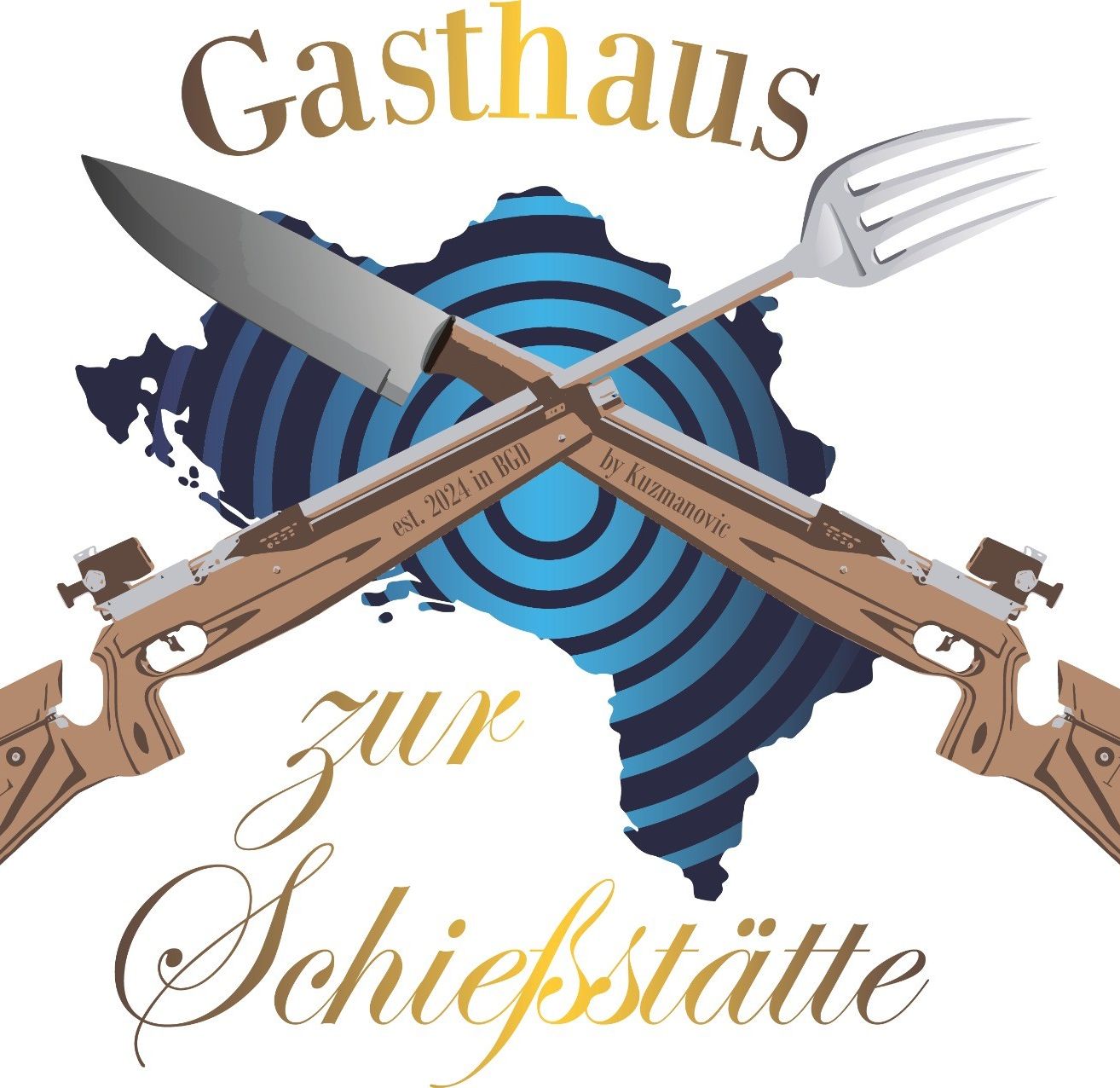 Ein Poster für Gasthaus zur Schiessstatte mit einer Karte einer Region, auf der ein gekreuztes Messer und eine Gabel abgebildet sind. Das Poster trägt auch die Aufschrift 'est. 2021 in RGL'.
