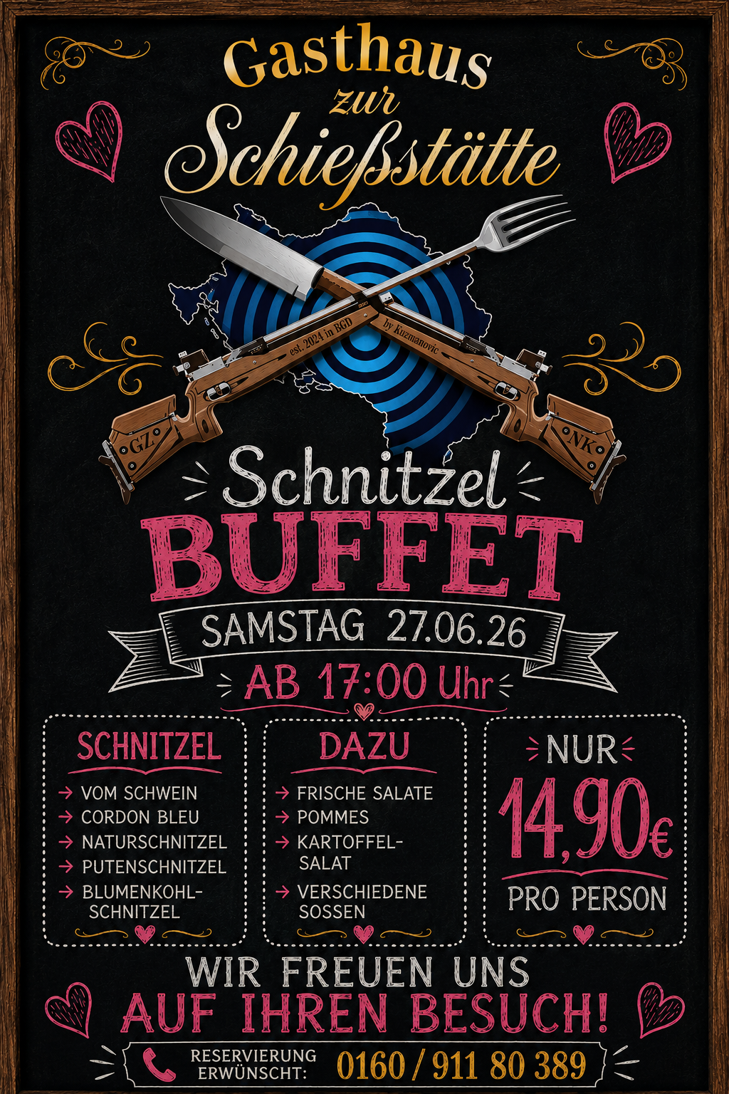 Schnitzelbuffet mit Schweineschnitzel, Blauer Cordon, Naturschnitzel, Putenschnitzel und Blumenkohl-Schnitzel ab Samstag, 27.06.26, ab 17:00 Uhr für nur 14,90€ pro Person.