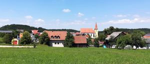 Ein Dorf mit rot gedeckten Häusern und einer Kirche unter blauem Himmel. Das Dorf ist von üppigen grünen Feldern und Bäumen umgeben.