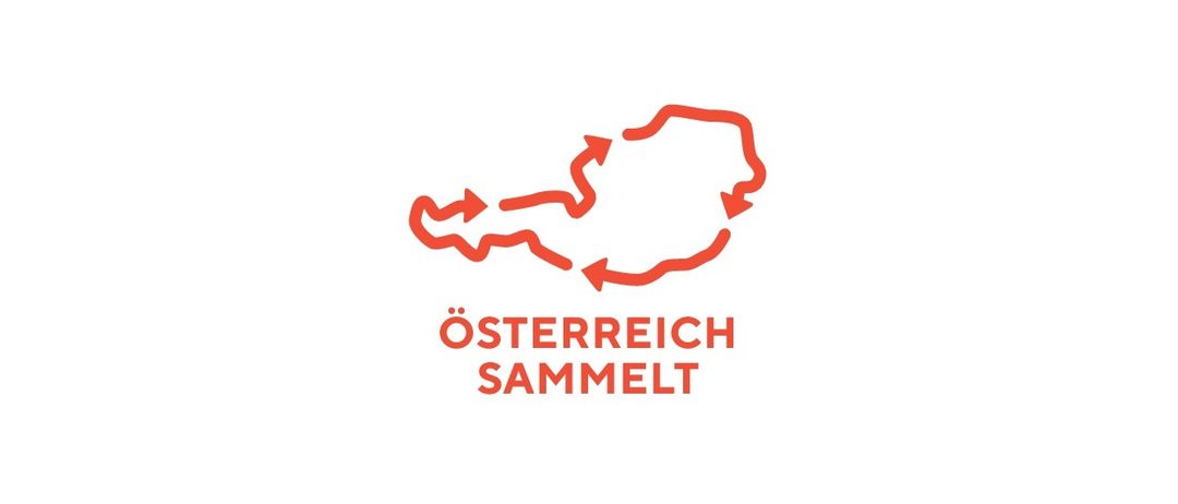 Ein rotes Logo mit der Umrisse von Österreich und den Worten Osterreich Sammelt darunter.