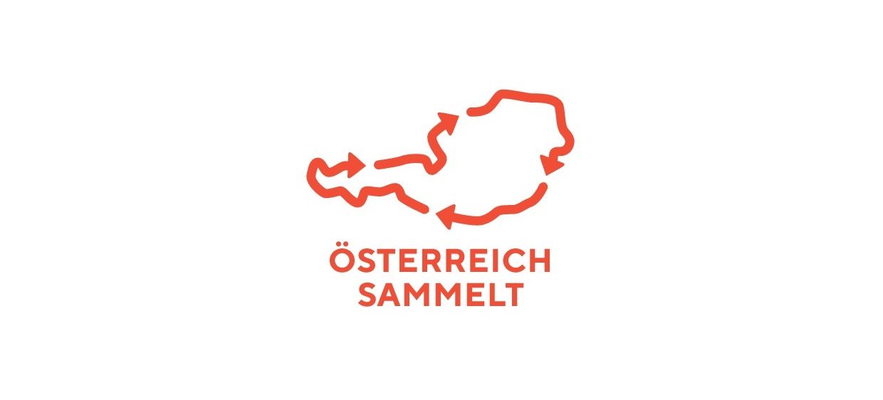 Ein rotes Logo mit der Umrisse von Österreich und den Worten Osterreich Sammelt darunter.