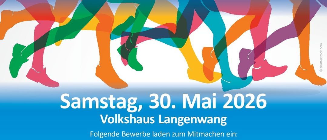 Werbeplakat für den Langenwanger Eventislauf am Samstag, 30. Mai 2026, im Langenwang Volkshaus. Anmeldungen für verschiedene Läufe: Hauptlauf (15 km), Hobbylauf (7,6 km), Genusslauf (4,3 km), Kinderlauf (1 km), Zwergerllauf (2 x 2 km). Anmeldegebühren variieren nach Alter und Lauf. Gruppenrabatte für 3 Personen verfügbar.