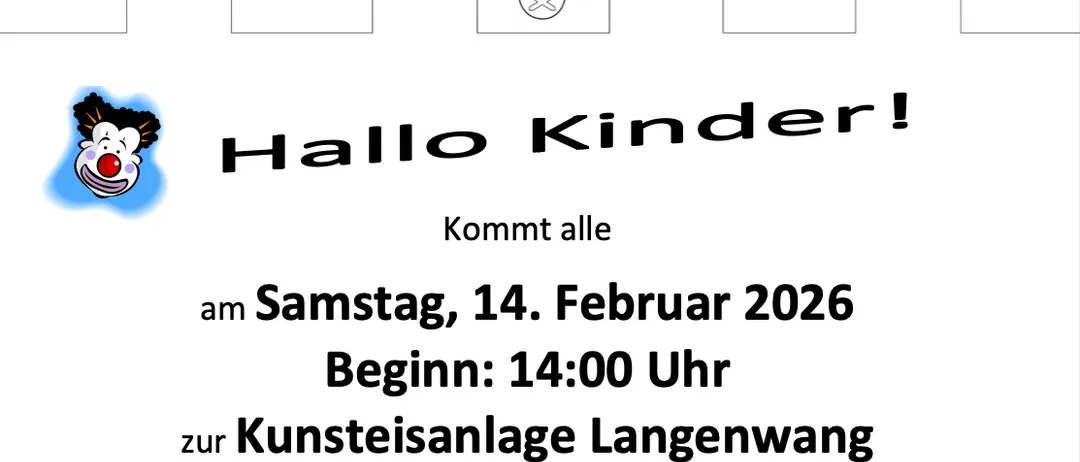 Eine Werbung für eine Kinderveranstaltung in der Kunsteisanlage Langenwang. Es steht 'Hallo Kinder!' und alle sind eingeladen. Die Veranstaltung findet am Samstag, 14. Februar 2026, ab 14:00 Uhr statt. Es ist das 'Kindereislauffest'.