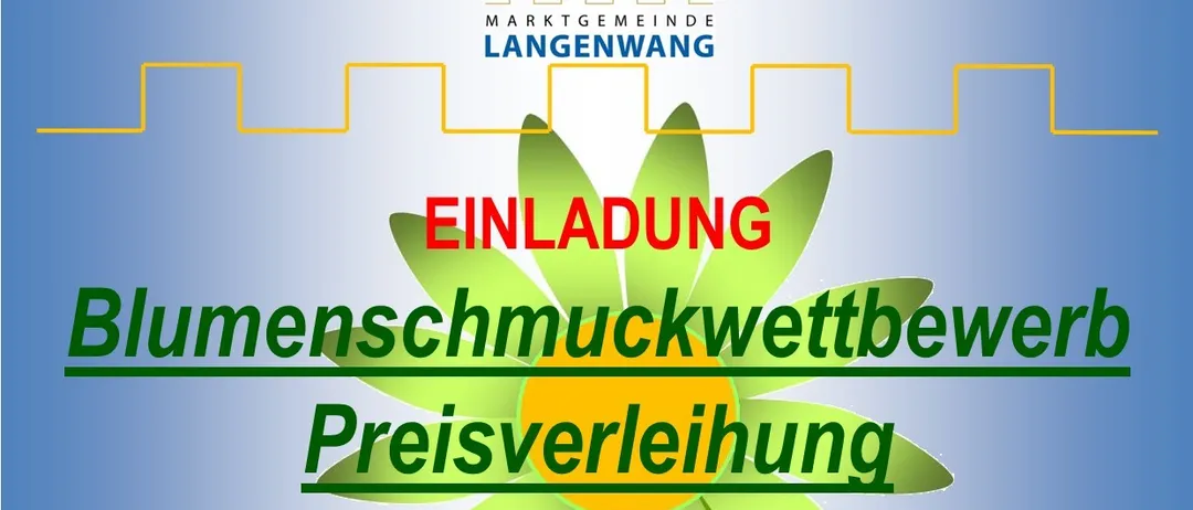 Werbeplakat für eine Veranstaltung namens 'Blumenschmuckwettbewerb Preisverleihung'. Die Veranstaltung findet am Donnerstag, 12. März 2026, um 18:30 Uhr statt. Ort ist Volkshaus Langenwang. Freier Eintritt und Verlust der Besucherkarte - interessante Preise.
