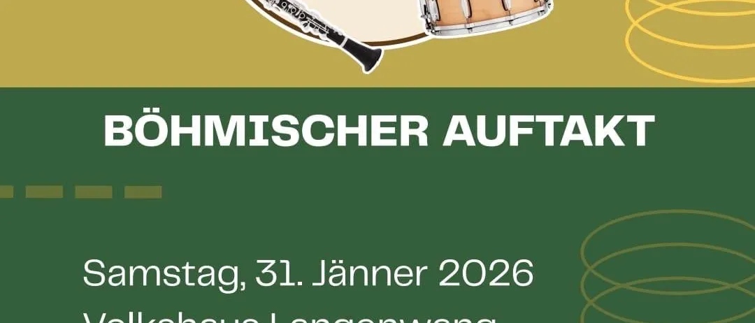 Plakat für die Böhmische Bläser-Veranstaltung. Es zeigt Musikinstrumente wie Trompete und Trommel, mit Texten zu Datum, Veranstaltungsort und Details der Veranstaltung.