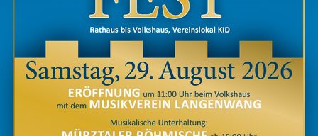 Poster for the 12th Langenwanger Market Fest, scheduled for Saturday, August 29, 2026. The event features musical entertainment, including performances by the Murztaler Böhmische and Die Dorfprinzen. Additional activities include tennis, motorsports, and a children's festival.