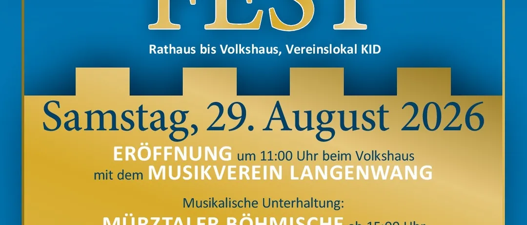 Plakat für das 12. Langenwanger Marktfest, geplant für Samstag, 29. August 2026. Die Veranstaltung bietet musikalische Unterhaltung, einschließlich Auftritten von Murztaler Böhmische und Die Dorfprinzen. Zusätzliche Aktivitäten umfassen Tennis, Motorsport und ein Kinderfest.
