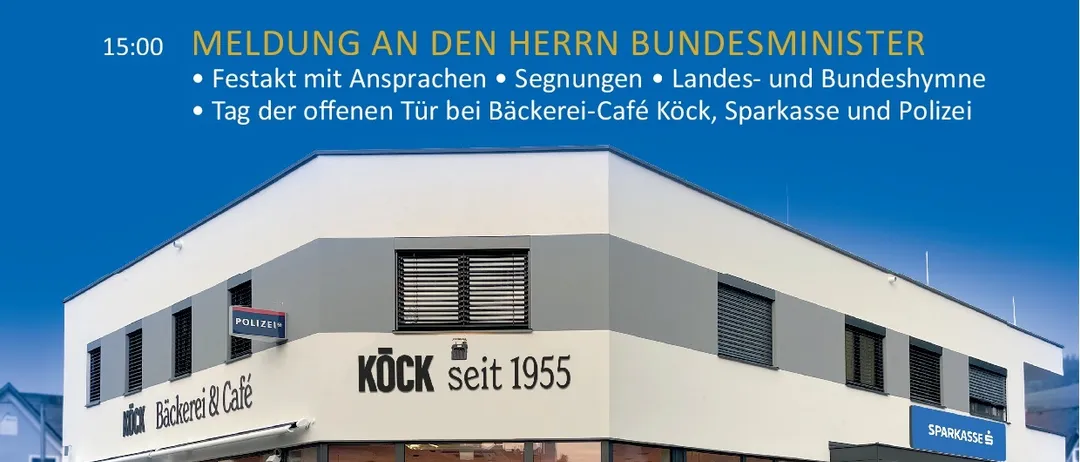 Ein Plakat für die Eröffnungsfeier des Nationalfeiertags am 26. Oktober 2026. Das Plakat zeigt ein Gebäude mit dem Namen 'Kock' und 'Backerei & Cafe Kock'. Das Plakat enthält auch einen Zeitplan der Veranstaltungen, einschließlich eines musikalischen Frühschoppens, eines Platzkonzerts der Polizeimusik von Steiermark und einer Nachricht an den Bundesminister.