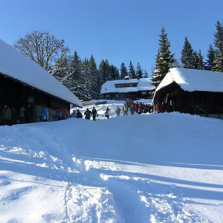 Eine Gruppe von Menschen, die durch tiefen Schnee vor einem Chalet mit Schnee auf dem Dach geht, umgeben von Kiefernbäumen.